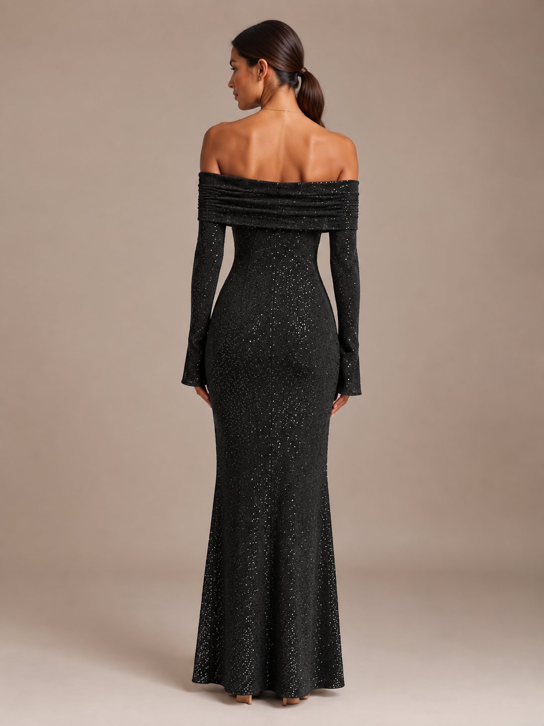 Glinsterende Dames Maxi Jurk met Off-Shoulder Hals en Lange Mouwen