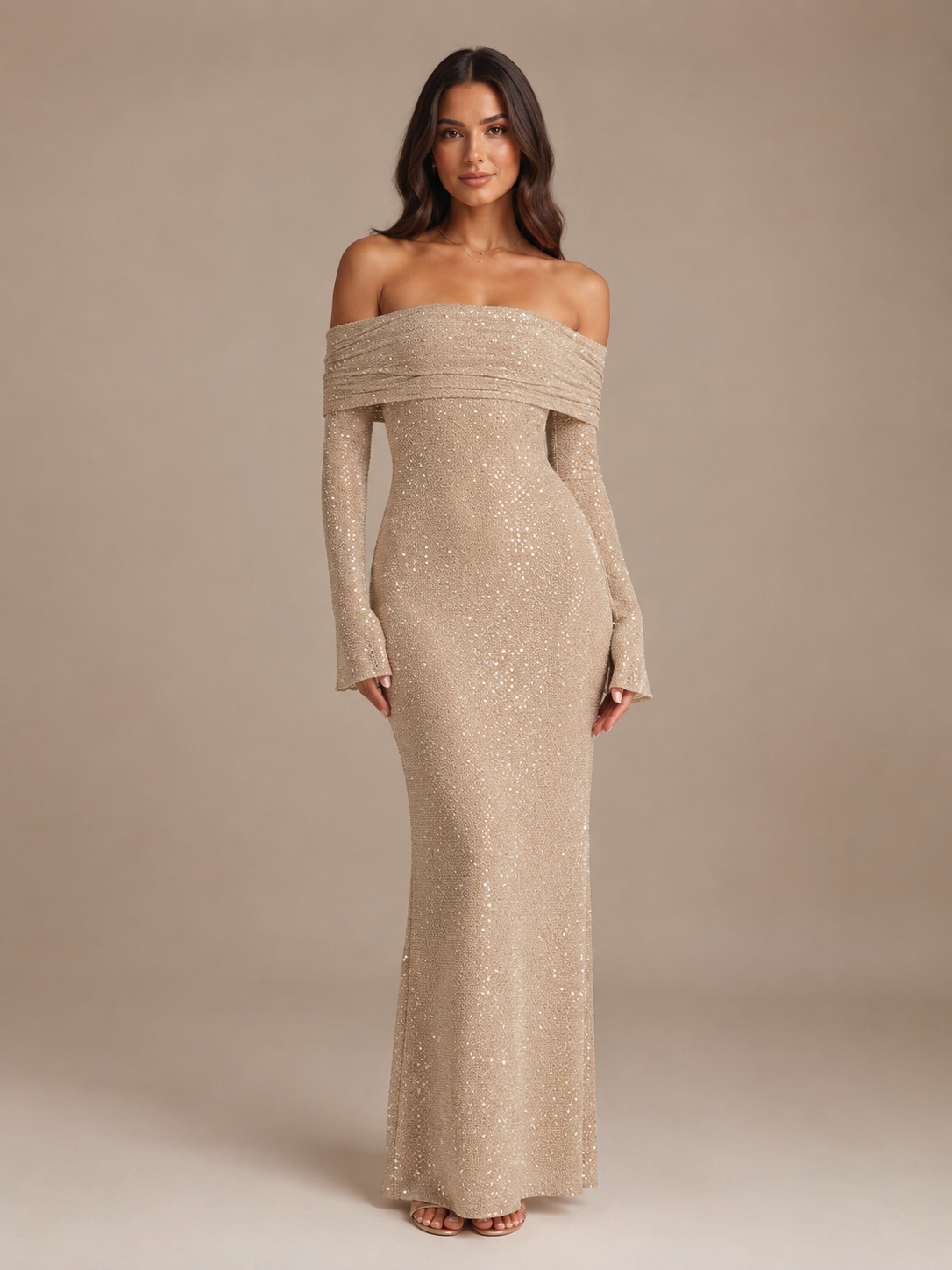 Glinsterende Dames Maxi Jurk met Off-Shoulder Hals en Lange Mouwen
