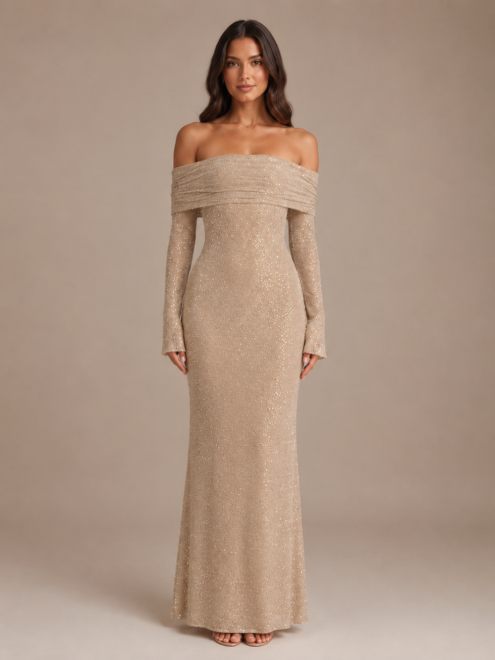 Glinsterende Dames Maxi Jurk met Off-Shoulder Hals en Lange Mouwen