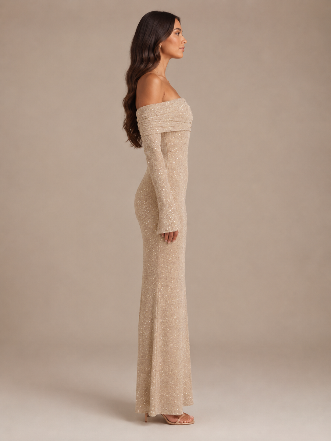 Glinsterende Dames Maxi Jurk met Off-Shoulder Hals en Lange Mouwen