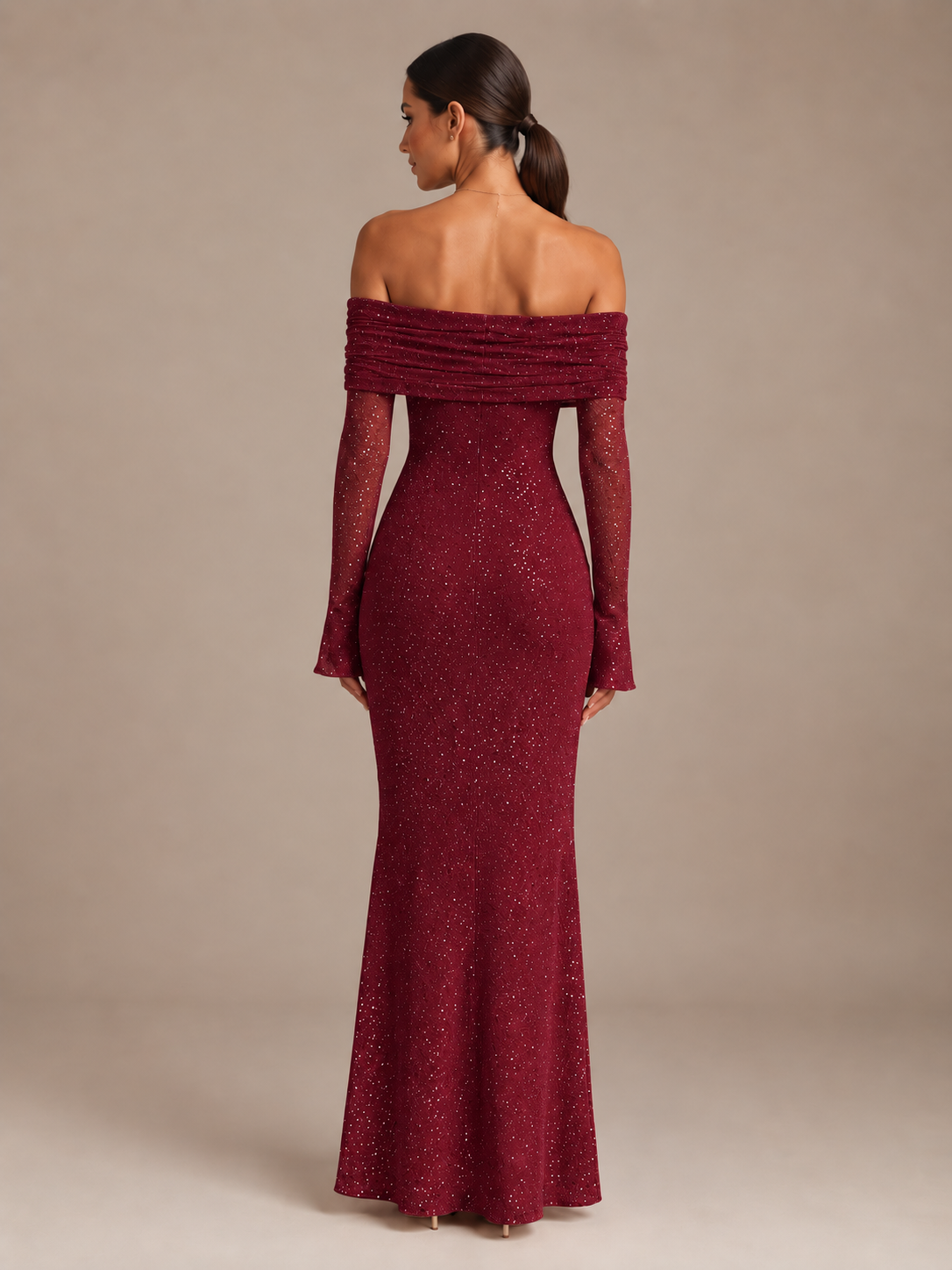 Glinsterende Dames Maxi Jurk met Off-Shoulder Hals en Lange Mouwen
