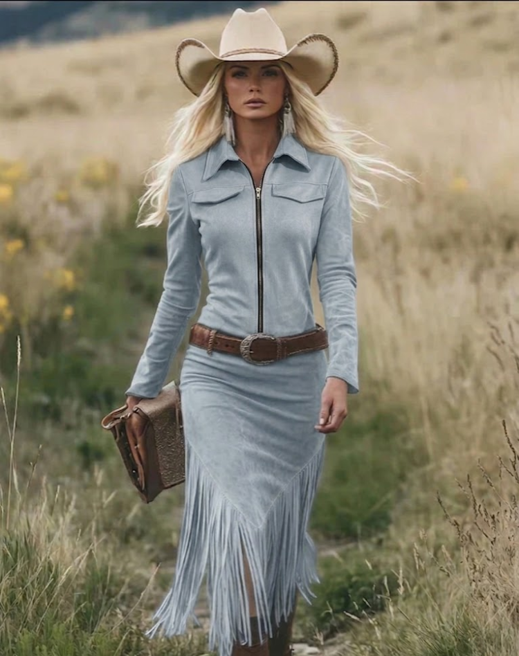 Western Midi Partyjurk Met Franjes En Ritsdetail