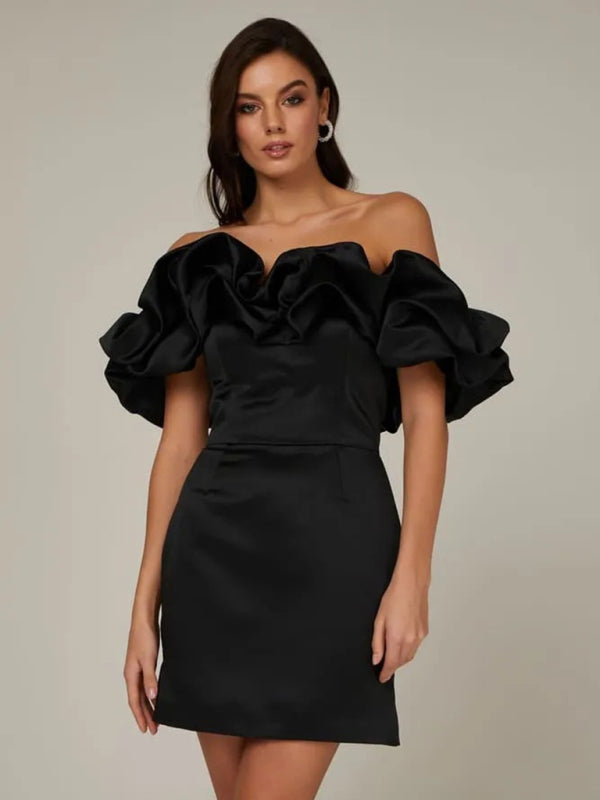 Luxe Off Shoulder Mini Cocktailjurk voor Dames met Satijnen Volants