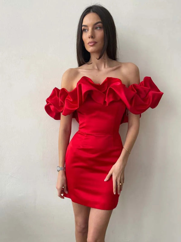 Luxe Off Shoulder Mini Cocktailjurk voor Dames met Satijnen Volants
