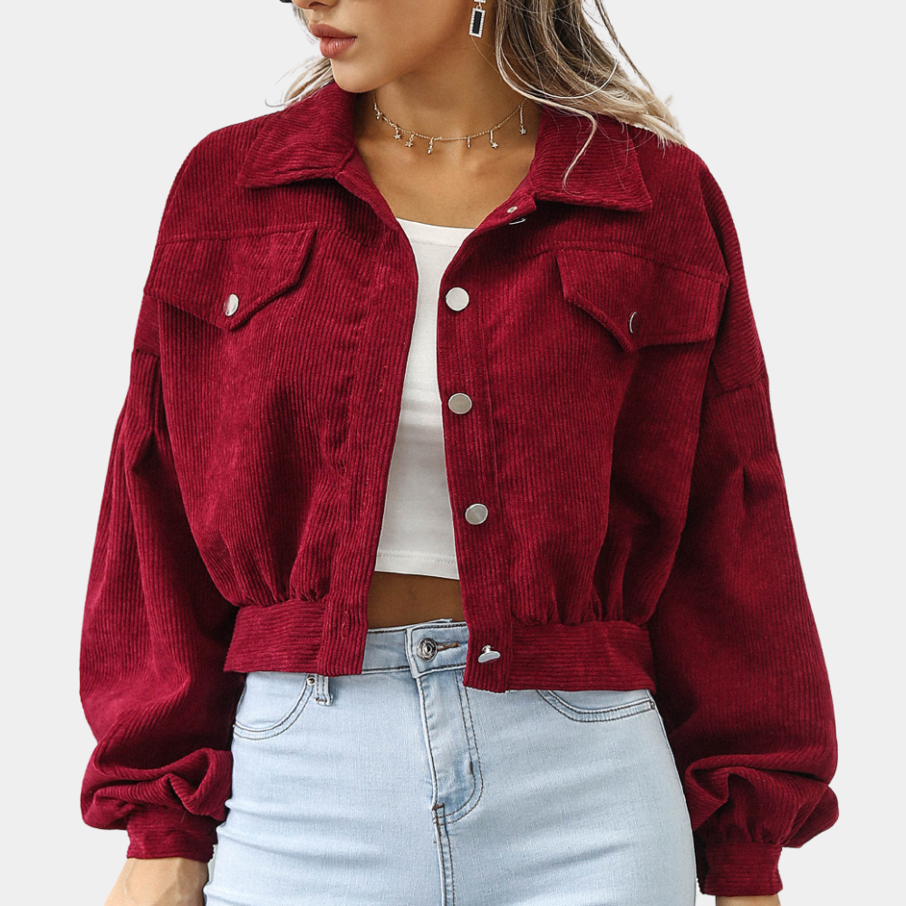 Trendy Ribstof Dames Jas met Korte Pasvorm en Knopen