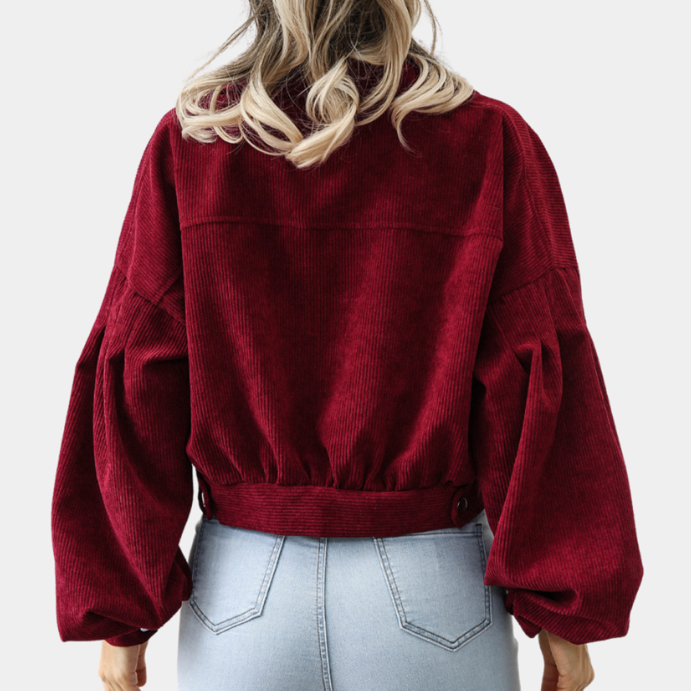 Trendy Ribstof Dames Jas met Korte Pasvorm en Knopen