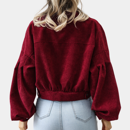 Trendy Ribstof Dames Jas met Korte Pasvorm en Knopen