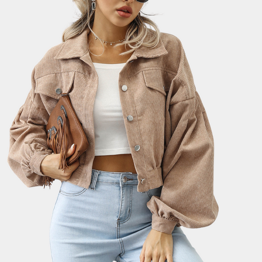 Trendy Ribstof Dames Jas met Korte Pasvorm en Knopen