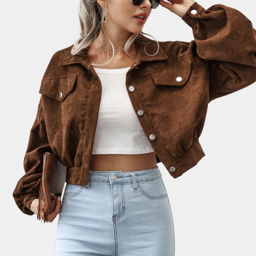 Trendy Ribstof Dames Jas met Korte Pasvorm en Knopen