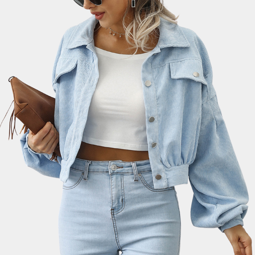 Trendy Ribstof Dames Jas met Korte Pasvorm en Knopen