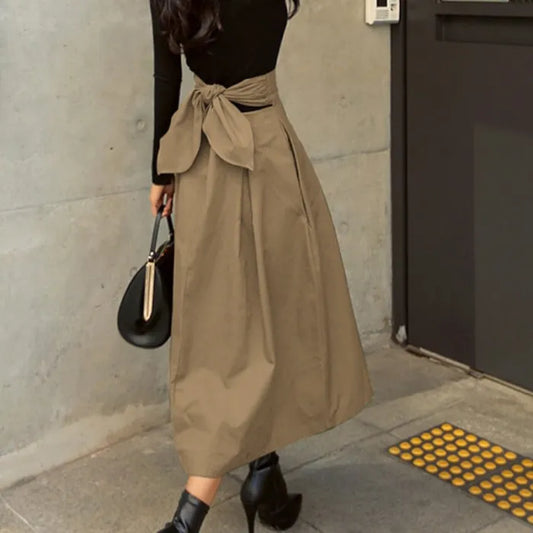 Rory | Hoge Taille Midi-Rok met Strikdetail