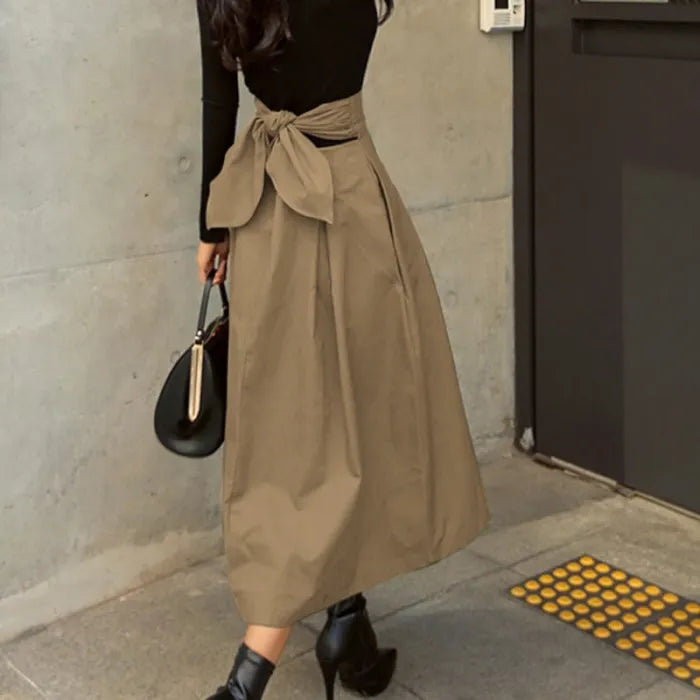 Rory | Hoge Taille Midi-Rok met Strikdetail