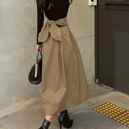 Rory | Hoge Taille Midi-Rok met Strikdetail