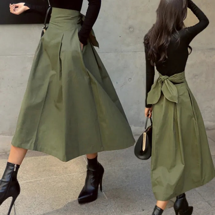 Rory | Hoge Taille Midi-Rok met Strikdetail