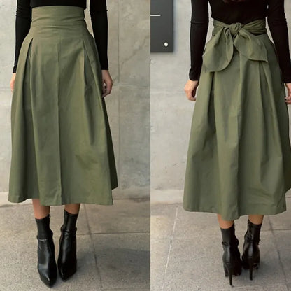 Rory | Hoge Taille Midi-Rok met Strikdetail