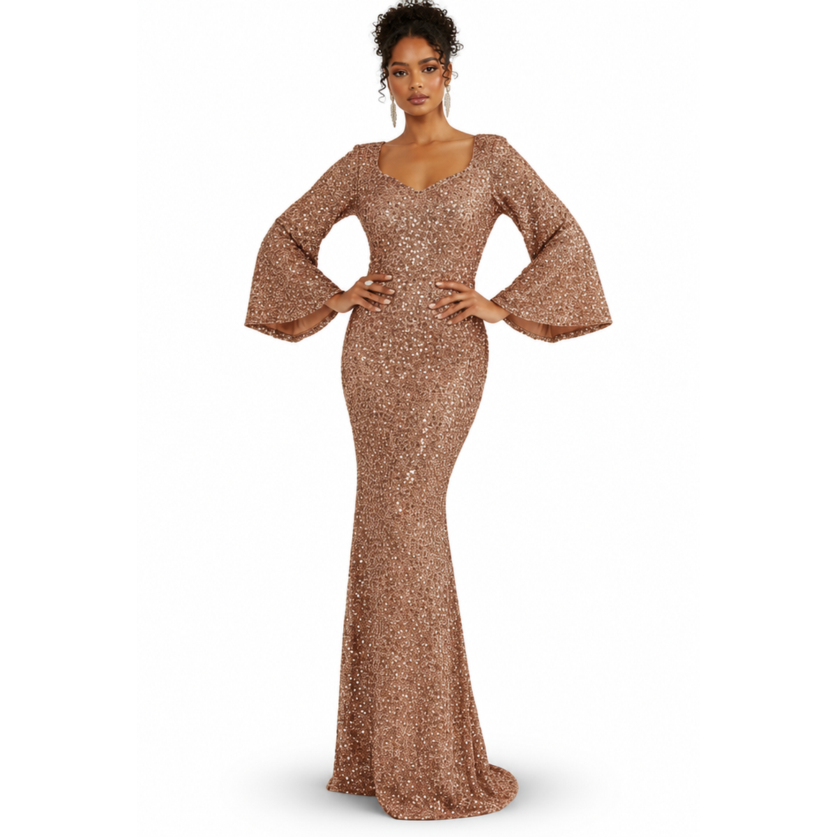 Glamoureuze Pailletten Dames Maxi Jurk met Wijde Mouwen en Sleep