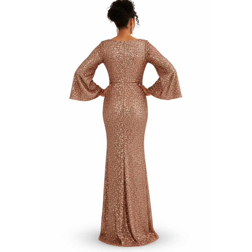 Glamoureuze Pailletten Dames Maxi Jurk met Wijde Mouwen en Sleep