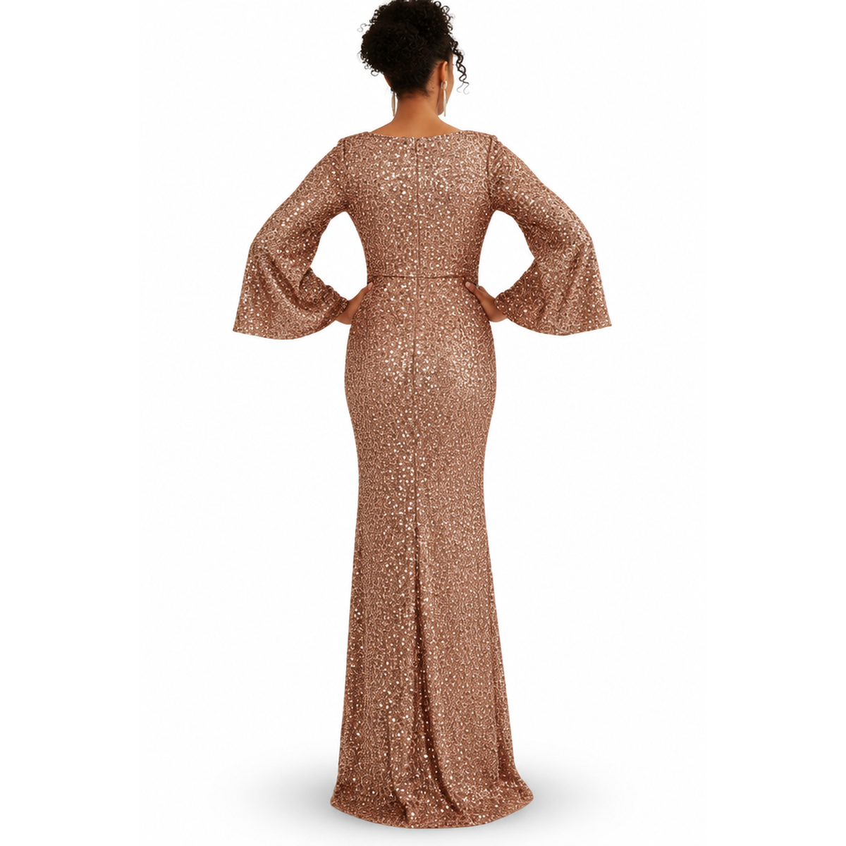 Glamoureuze Pailletten Dames Maxi Jurk met Wijde Mouwen en Sleep