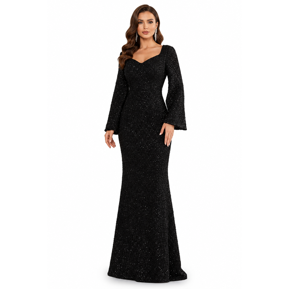Glamoureuze Pailletten Dames Maxi Jurk met Wijde Mouwen en Sleep