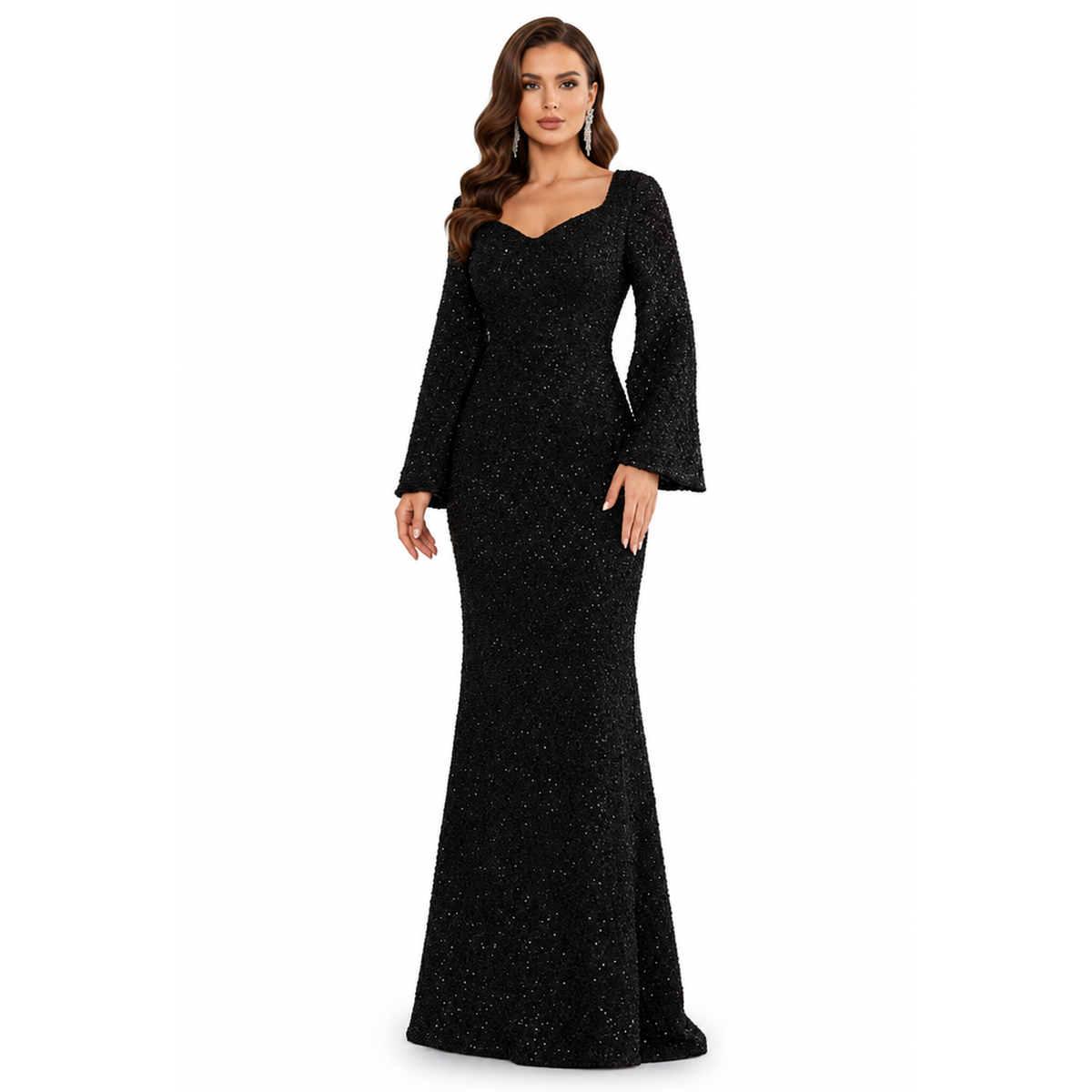 Glamoureuze Pailletten Dames Maxi Jurk met Wijde Mouwen en Sleep