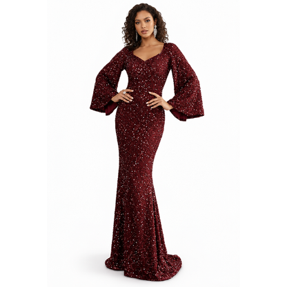 Glamoureuze Pailletten Dames Maxi Jurk met Wijde Mouwen en Sleep