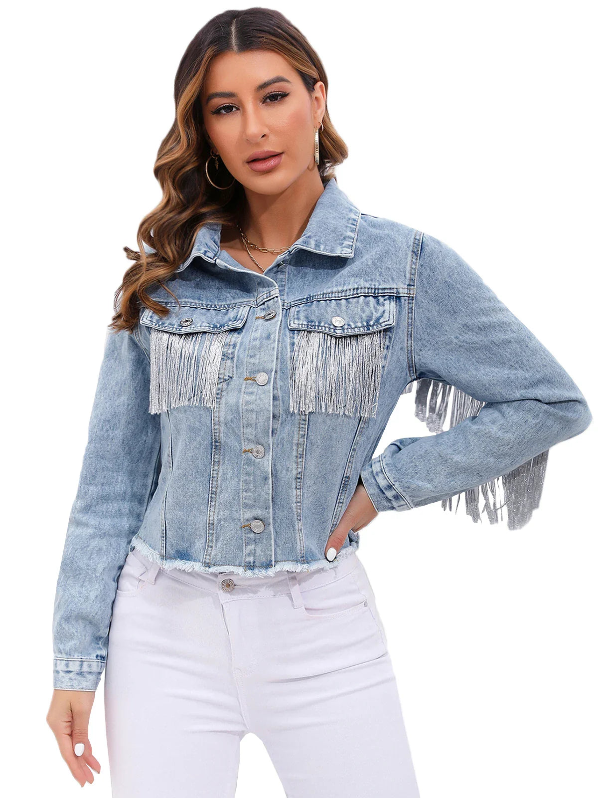 Denim Jacket Met Franjes En Cropped Pasvorm