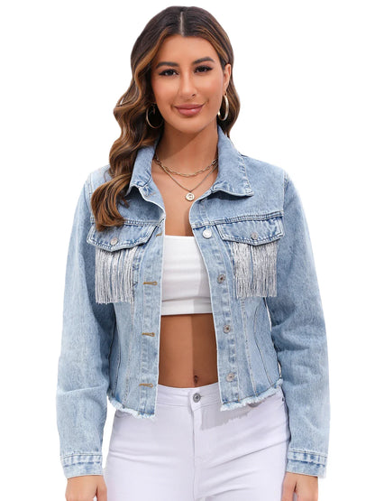 Denim Jacket Met Franjes En Cropped Pasvorm