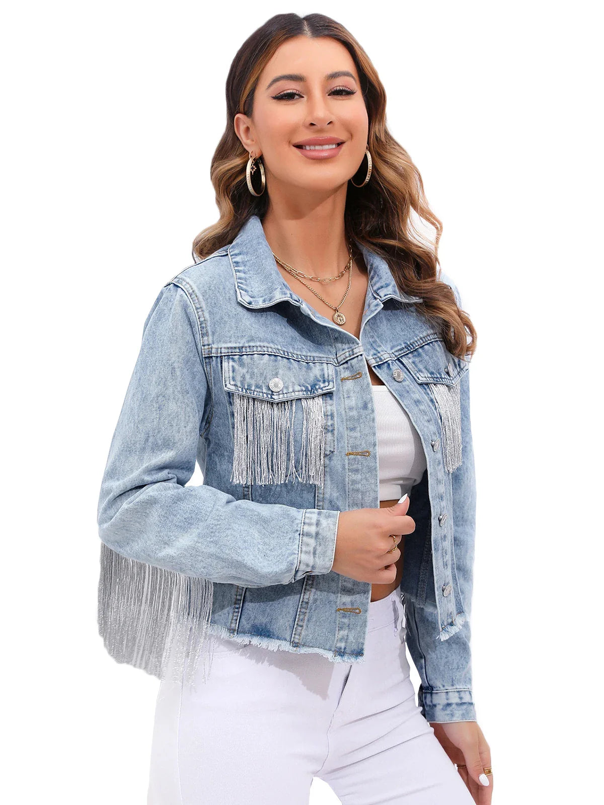 Denim Jacket Met Franjes En Cropped Pasvorm