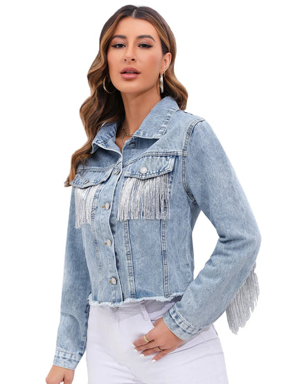 Denim Jacket Met Franjes En Cropped Pasvorm