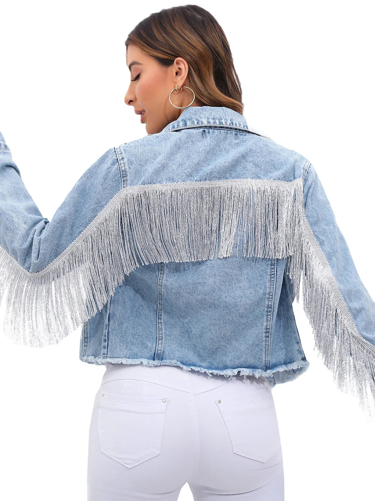 Denim Jacket Met Franjes En Cropped Pasvorm