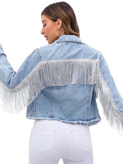 Denim Jacket Met Franjes En Cropped Pasvorm