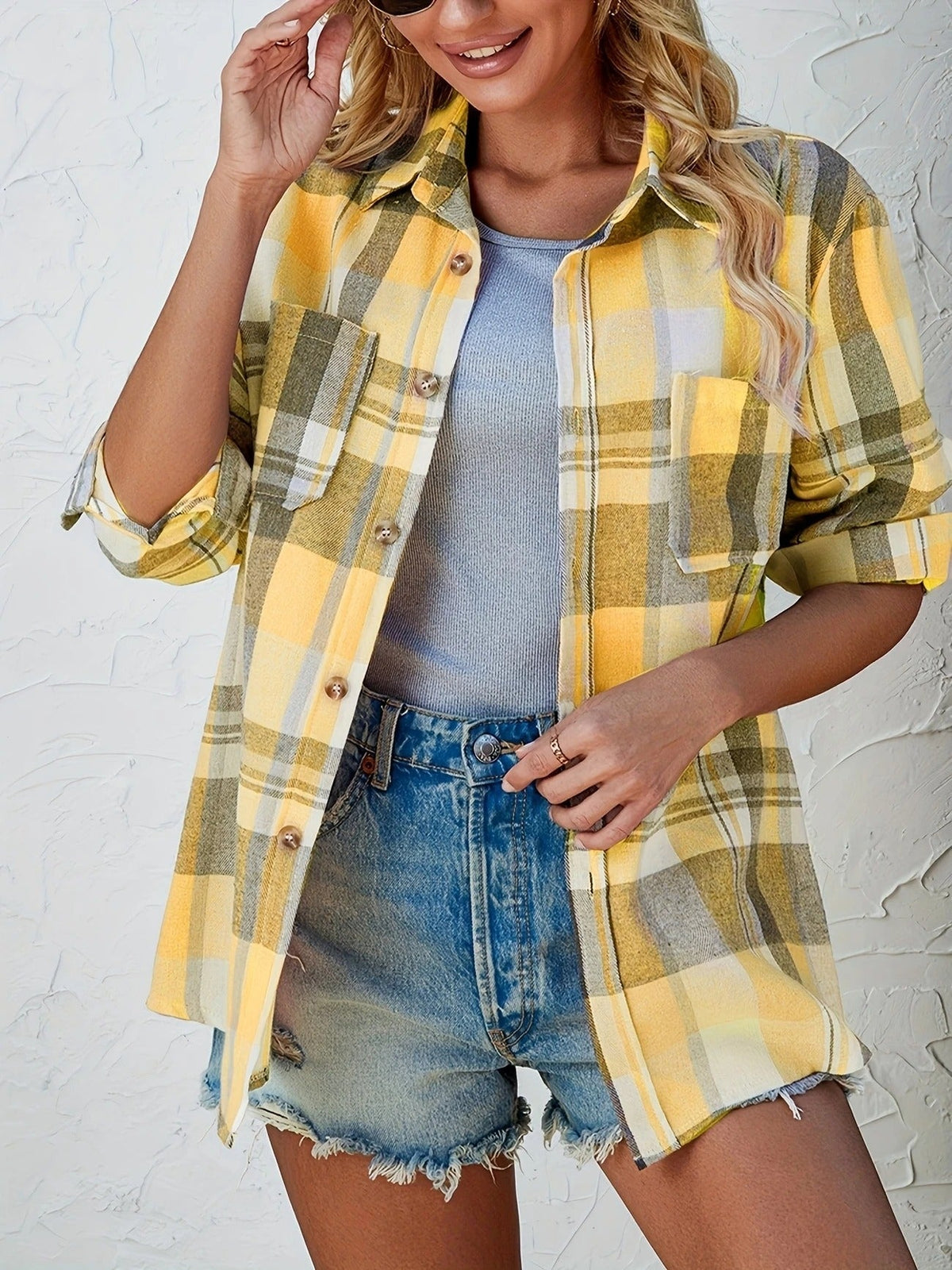 Oversized Geruite Flanellen Dames Blouse met Borstzakken en Puntkraag