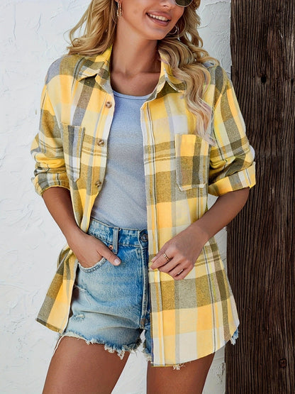 Oversized Geruite Flanellen Dames Blouse met Borstzakken en Puntkraag