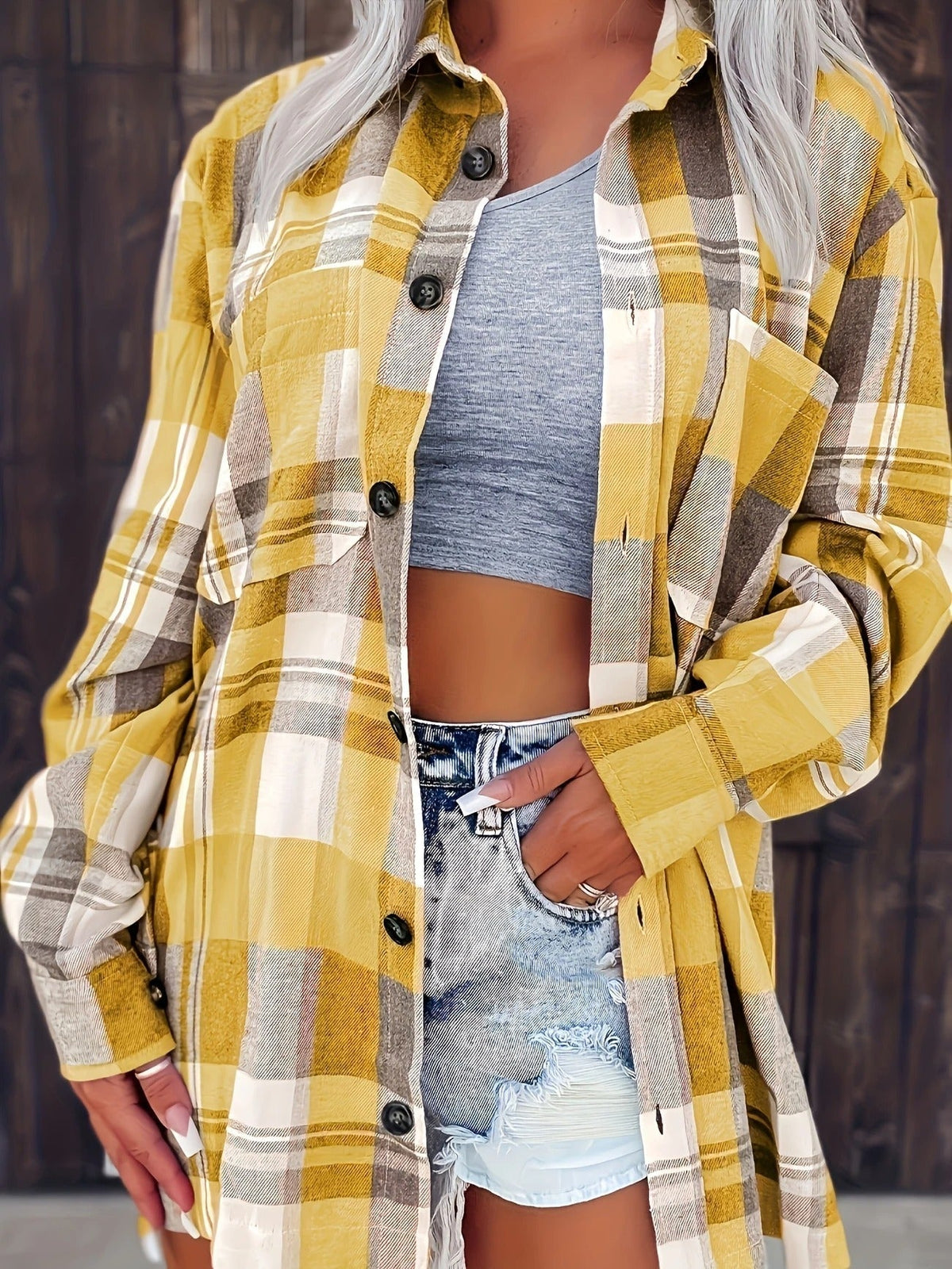 Oversized Geruite Flanellen Dames Blouse met Borstzakken en Puntkraag
