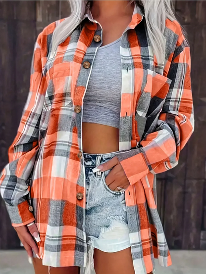 Oversized Geruite Flanellen Dames Blouse met Borstzakken en Puntkraag
