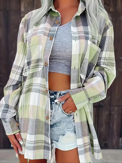 Oversized Geruite Flanellen Dames Blouse met Borstzakken en Puntkraag