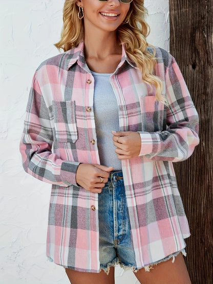 Oversized Geruite Flanellen Dames Blouse met Borstzakken en Puntkraag