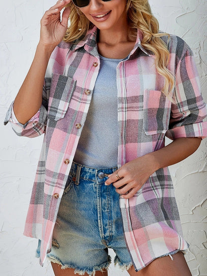 Oversized Geruite Flanellen Dames Blouse met Borstzakken en Puntkraag