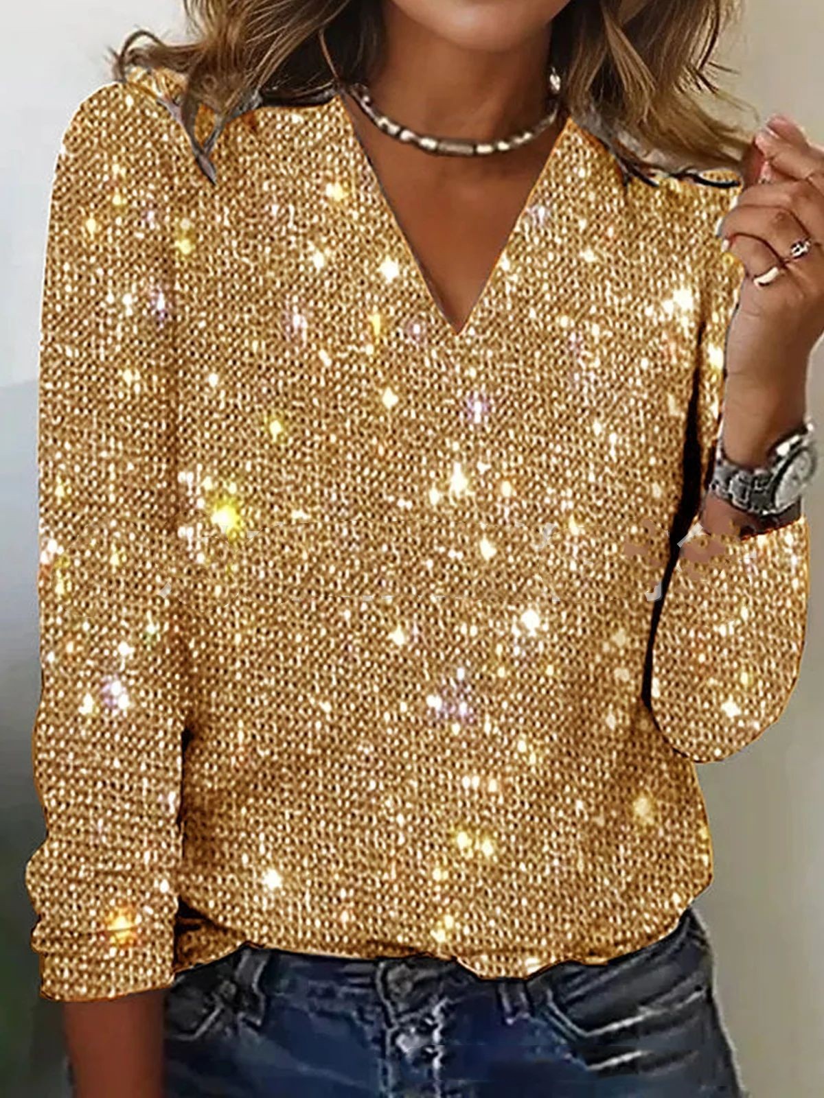 Luxe Vrouwen Glitter V-hals Blouse met Lange Mouwen