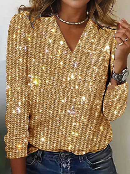 Luxe Vrouwen Glitter V-hals Blouse met Lange Mouwen