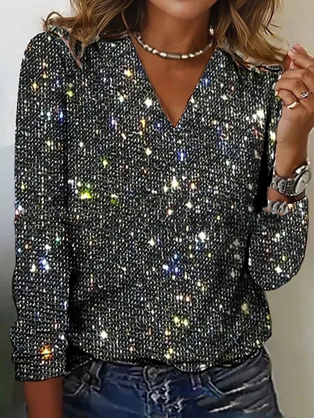 Luxe Vrouwen Glitter V-hals Blouse met Lange Mouwen