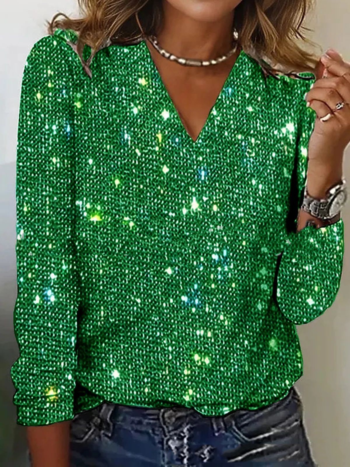Luxe Vrouwen Glitter V-hals Blouse met Lange Mouwen