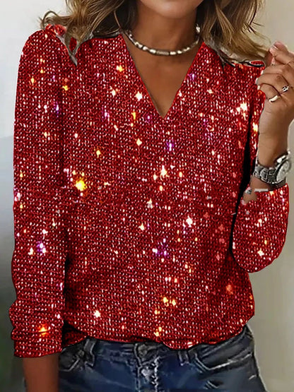Luxe Vrouwen Glitter V-hals Blouse met Lange Mouwen