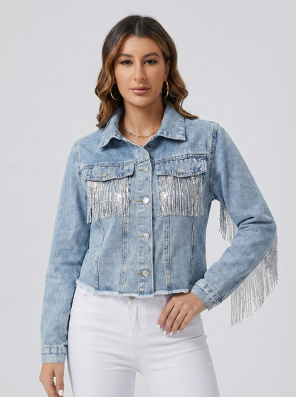 Denim Jacket Met Franjes En Cropped Pasvorm