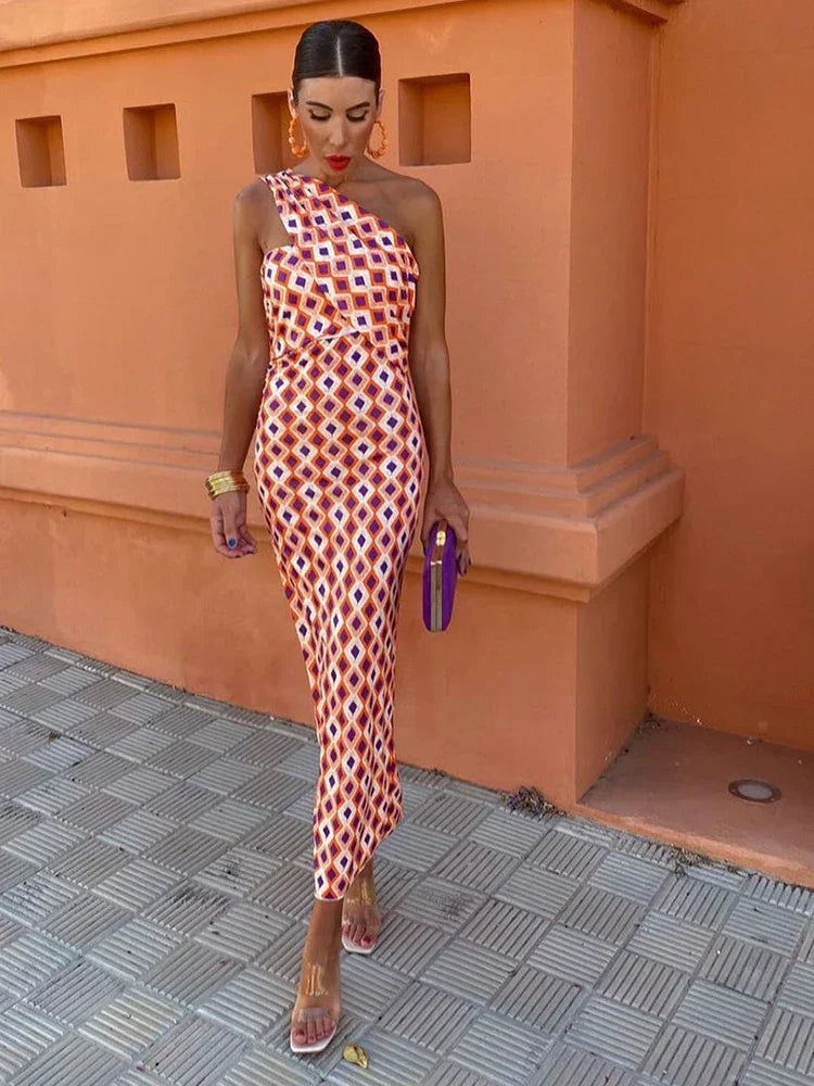 Airy Summer Women's Midi Dress With Asymmetric Neckline And Print