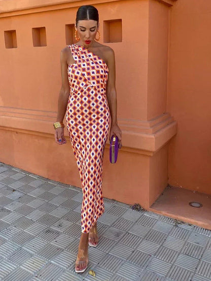 Airy Summer Women's Midi Dress With Asymmetric Neckline And Print