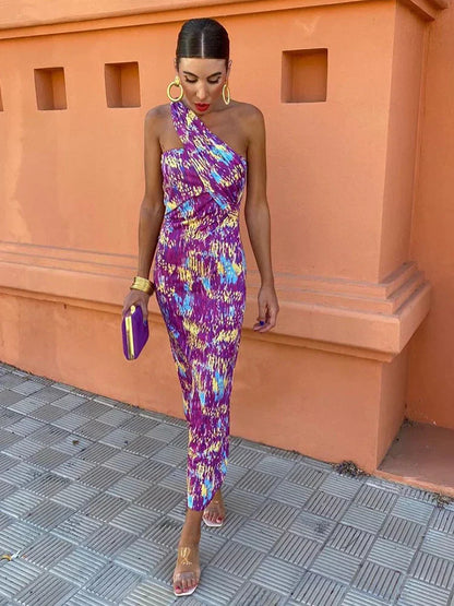 Airy Summer Women's Midi Dress With Asymmetric Neckline And Print