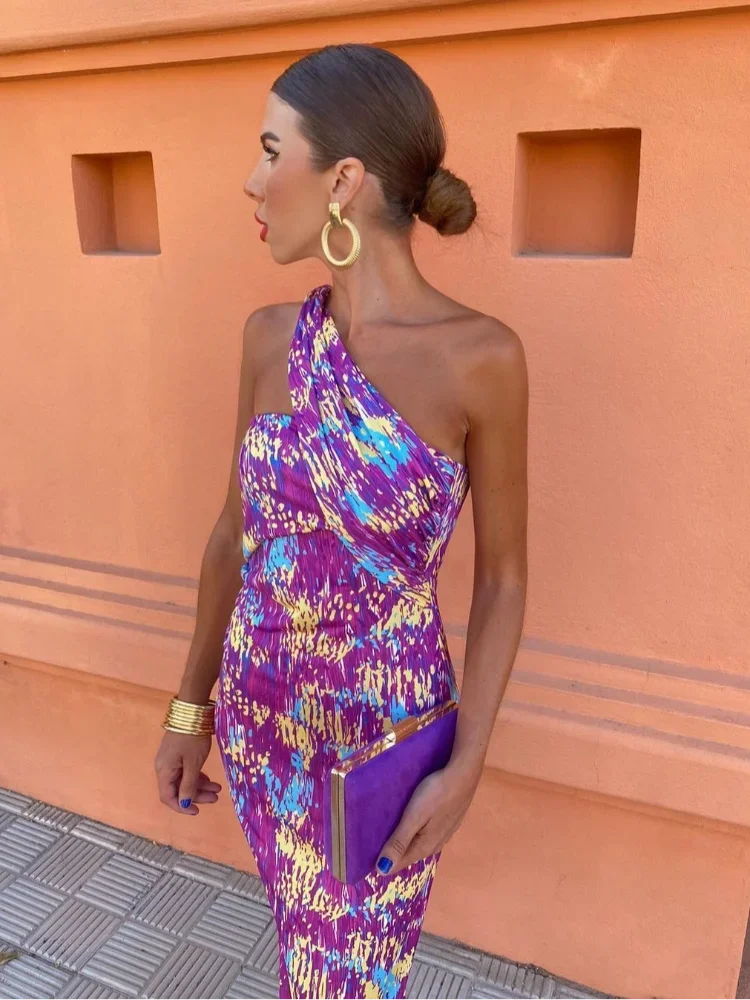 Airy Summer Women's Midi Dress With Asymmetric Neckline And Print