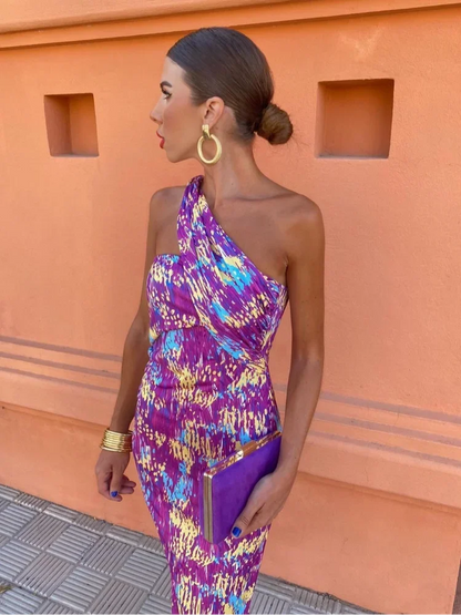 Airy Summer Women's Midi Dress With Asymmetric Neckline And Print