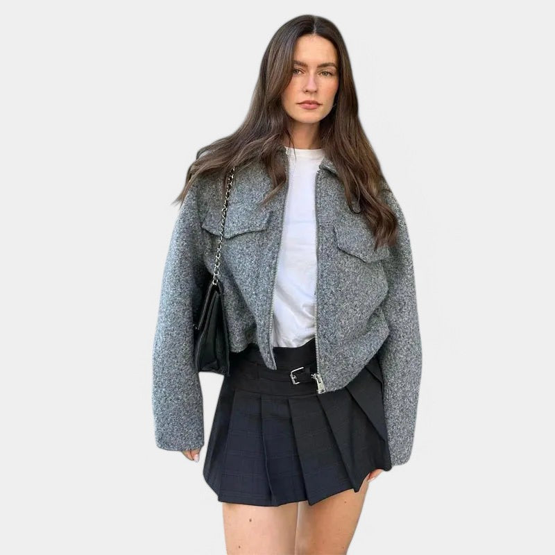 Oversized chique dames wollen jas met korte pasvorm en zakdetails